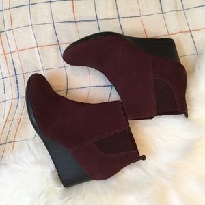 Clarks Burgundy Wine Suede Wedge Ankle Booties